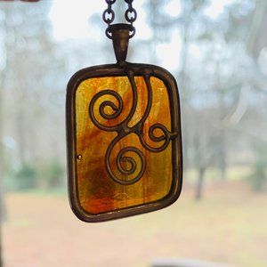 Abstract amber stained glass pendant necklace